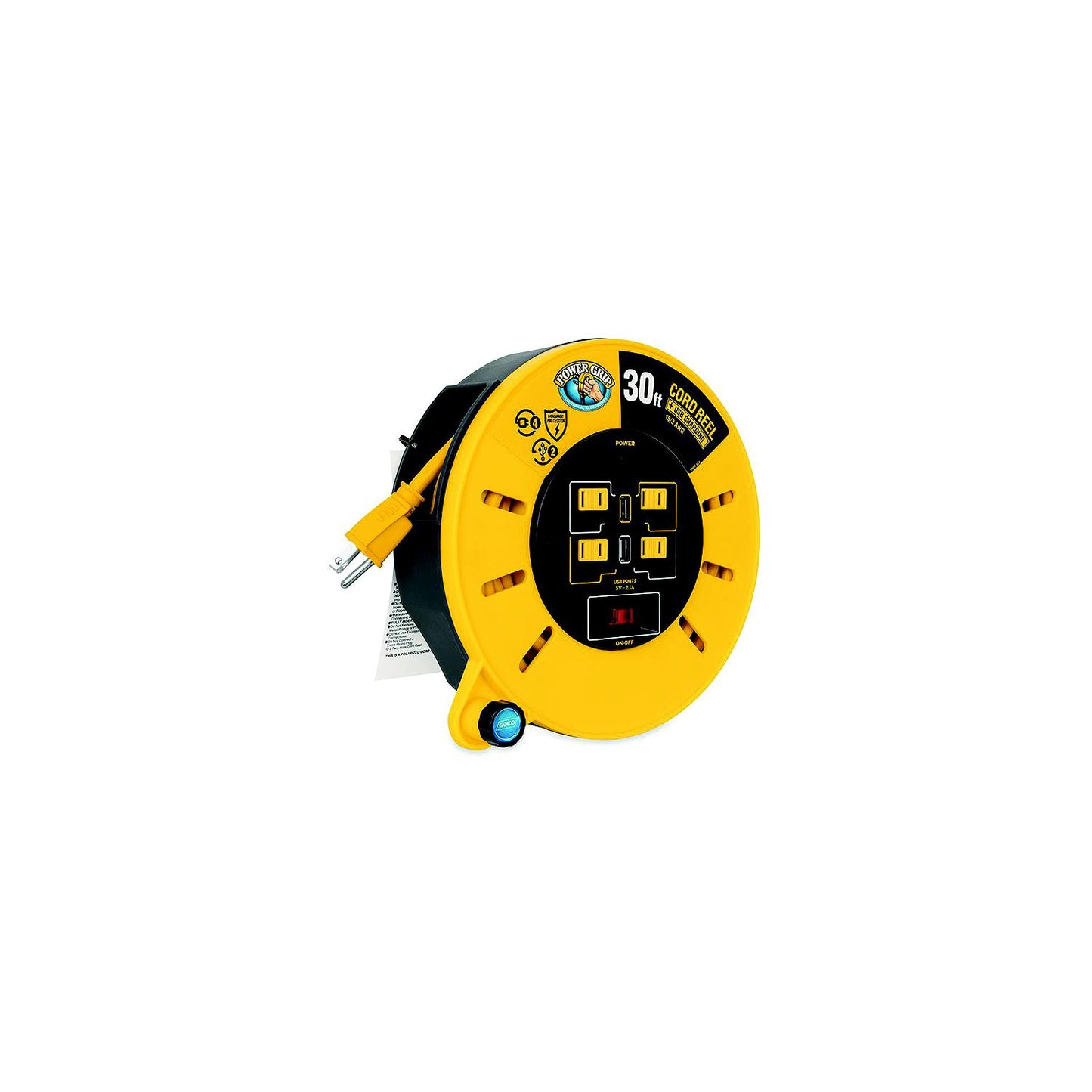Camco 55290 Power Grip™ Extension Cord Reel With USB Charging Ports, 30'