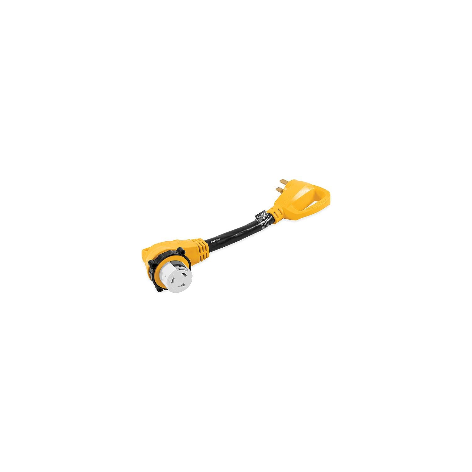 Camco 55562 90° Powergrip Locking Adapter, 18", 50A Female Locking / 50A Male Std