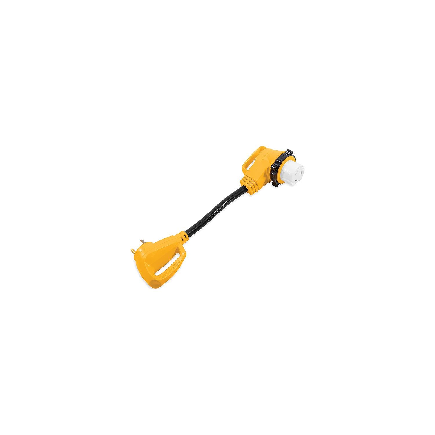 Camco 55582 90° Powergrip Locking Adapter, 18", 50A Female Locking / 30A Male Std