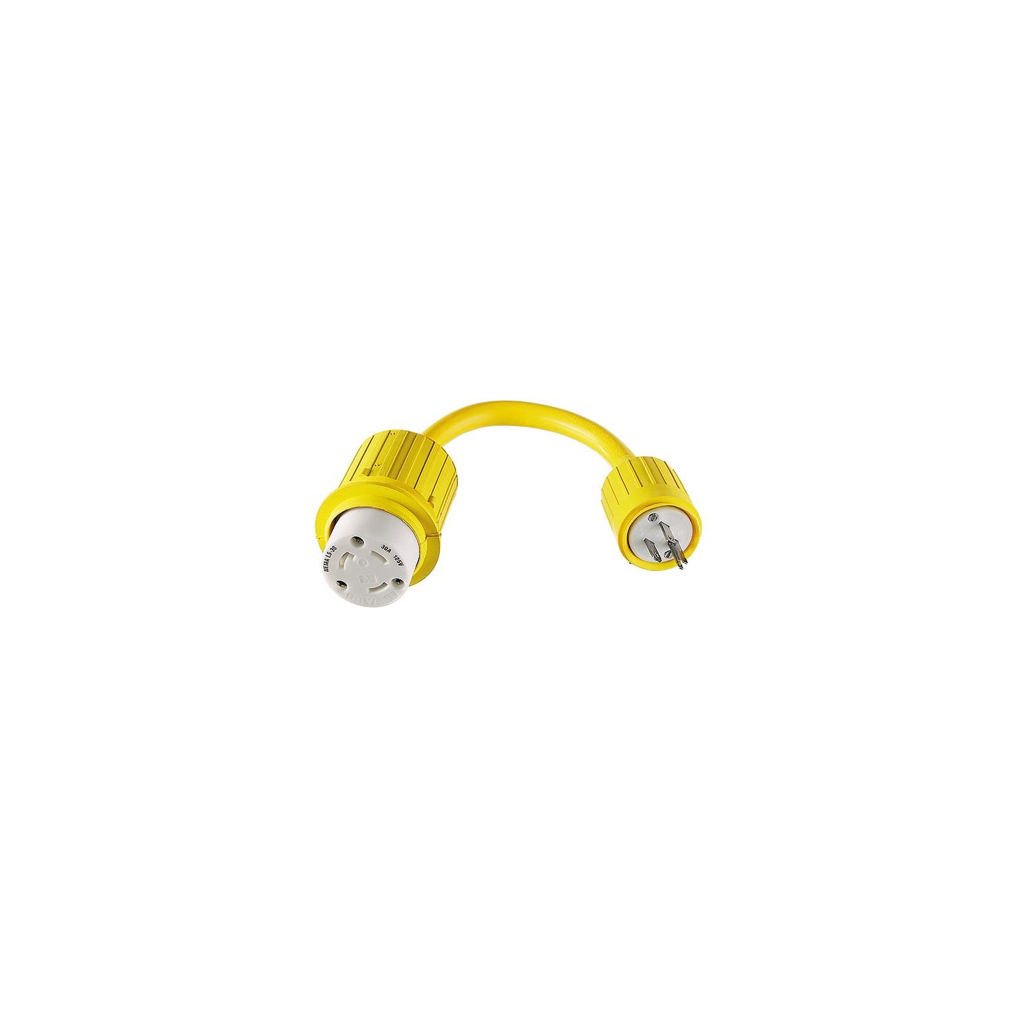 Hubbell HBL104 Yellow Watertight 30A 125V Locking Female to 15A 125V Straight Blade Male Adapter-Supply Nautica